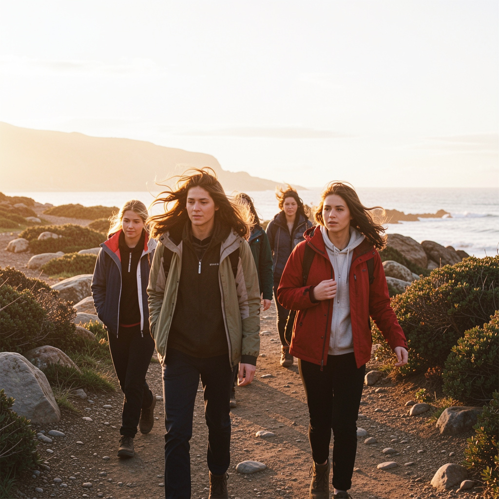 Group of people walking together on coastal trail
