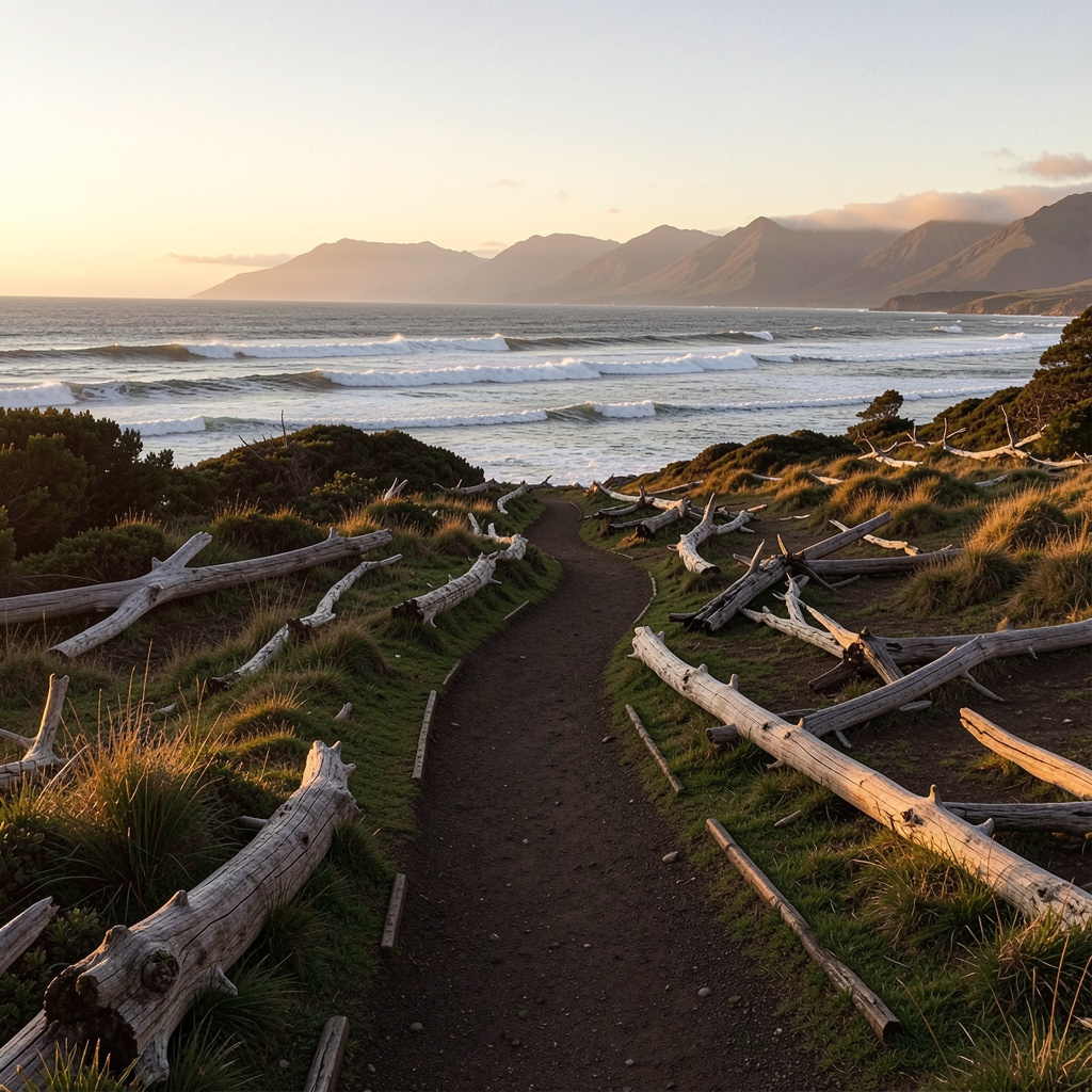 Scenic New Zealand coastal landscape with walking track