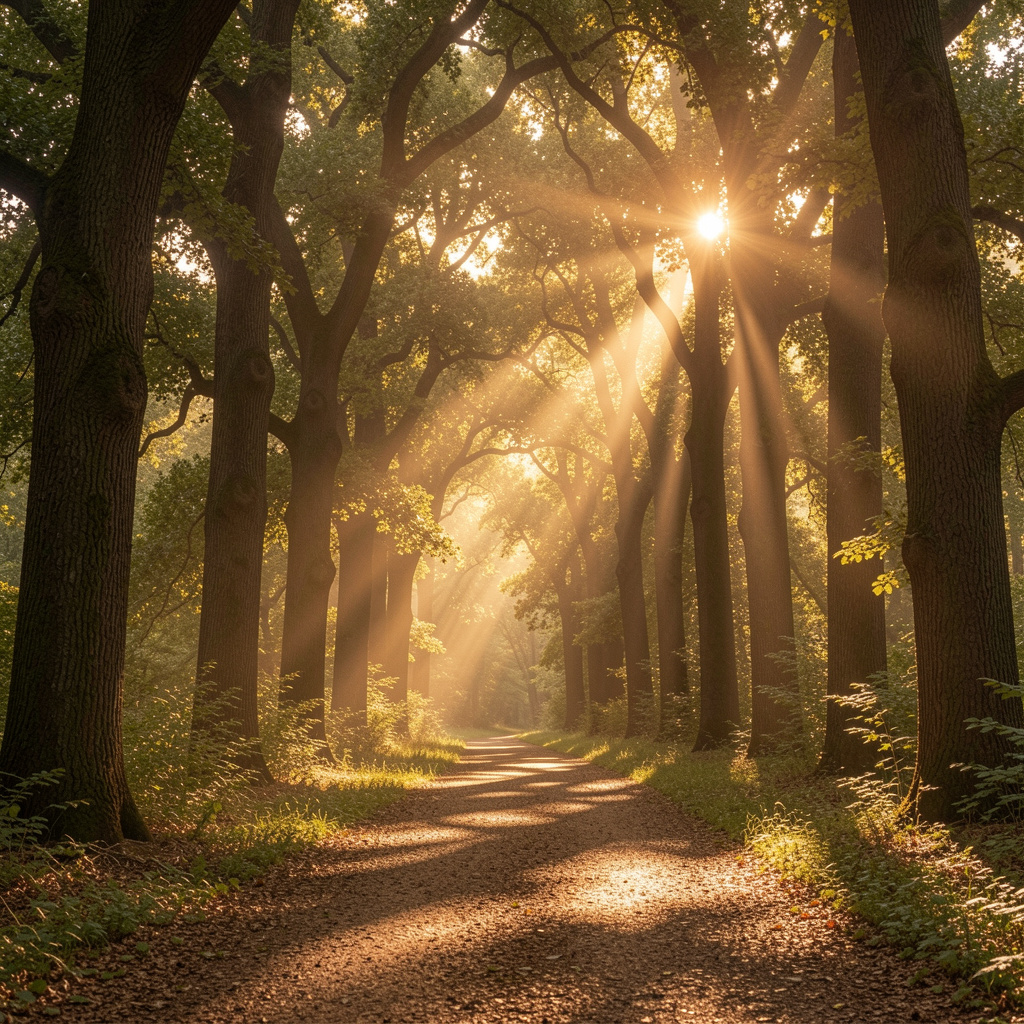 Peaceful forest path with dappled sunlight