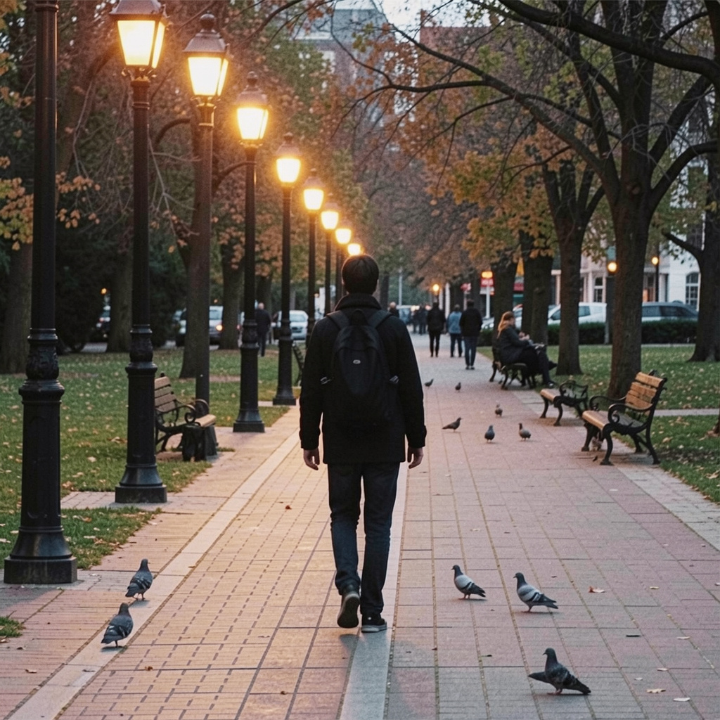 Person walking on urban park pathway